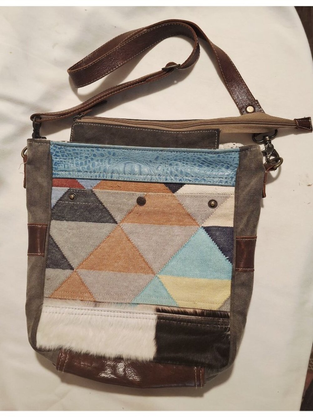 Myra Bag Multicolor Geometric Leather & Cotton Crossbody With Adjustable Strap